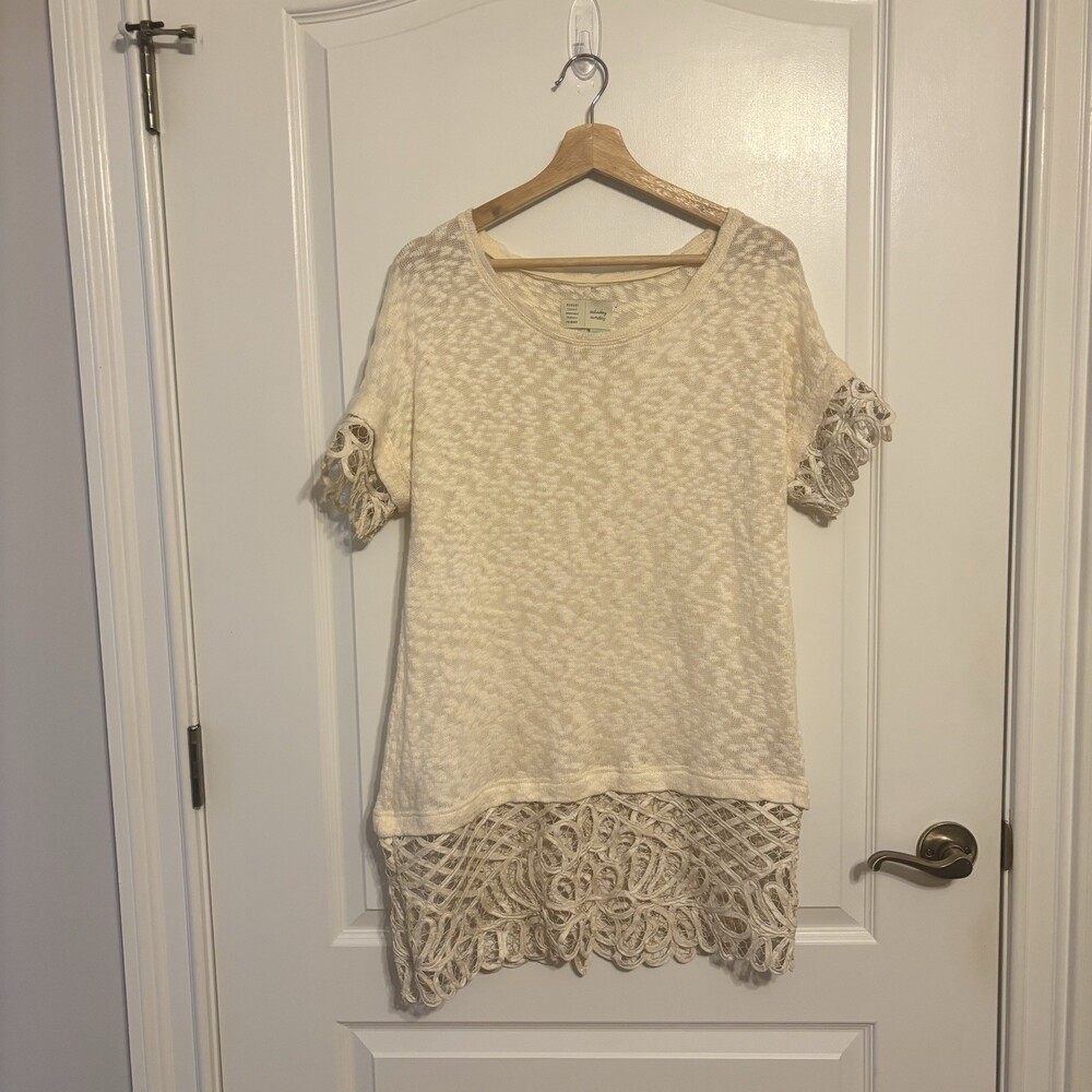 Anthropologie Saturday Sunday Cream Knit Scoop Neck Short Sleeve Lace Top Size M